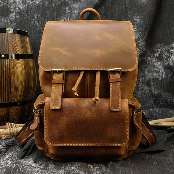 Vintage crazy horse leather men backpack